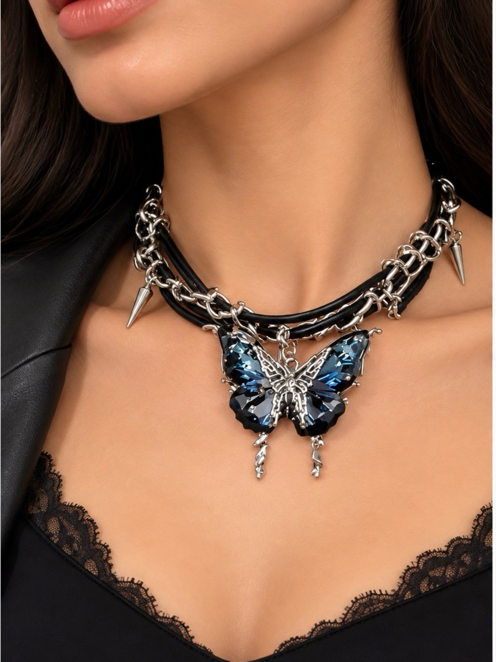 Silver-Tone Choker with Blue Crystal Butterfly